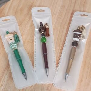 3pc Handcrafted Beaded Pens Bundle Coffee Theme Office Supplies